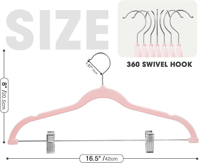 24-Pack Blush Pink Velvet Hangers with Clips Adjustable,Adult Hangers,Heavy-Duty,Felt,Non-Slip,Space Saving,Slim Outfit Hanger for Pants, Skirts, Suits,Coats, Dresses ect.