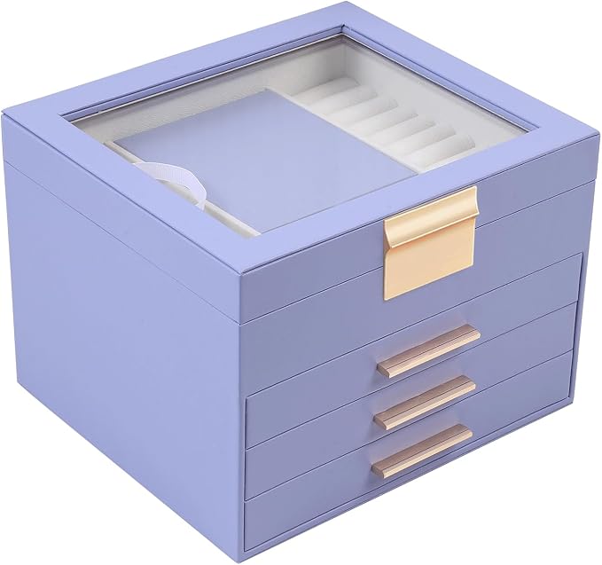 BOOVO Clear Lid Jewelry Box,3 Layers Jewelry Organizer Large Jewelry Storage Box with 2 Drawers,Jewelry Holder Organzier of Rings Earrings Necklace Bracelets for Women (Purple, 4 Layer)
