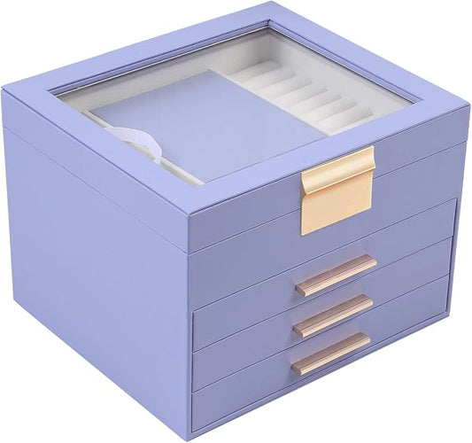 BOOVO Clear Lid Jewelry Box,3 Layers Jewelry Organizer Large Jewelry Storage Box with 2 Drawers,Jewelry Holder Organzier of Rings Earrings Necklace Bracelets for Women (Purple, 4 Layer)
