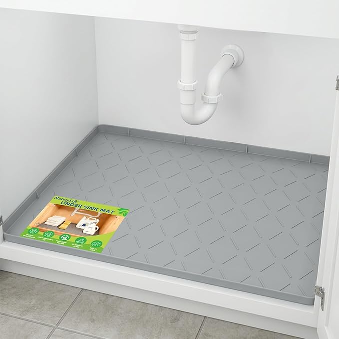Mateeylife Under Sink Mats for Kitchen Waterproof 31"X22", Undersink Protectors，Silicone Mat Cabinet Liner, Under Sink Organizer for Bathroom and Kitchen，Boot Tray Pet Food Mat, Light Grey