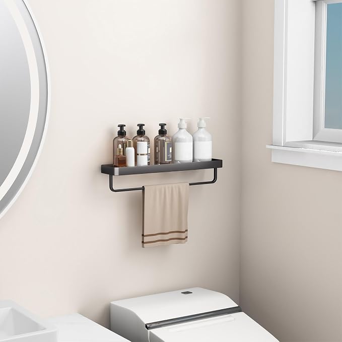 Danpoo 20 Inch Long Floating Bathroom Shelf with Towel Bar, Clear Tempered Glass Wall Shelf for Bathroom Storage Organizer, Matte Black