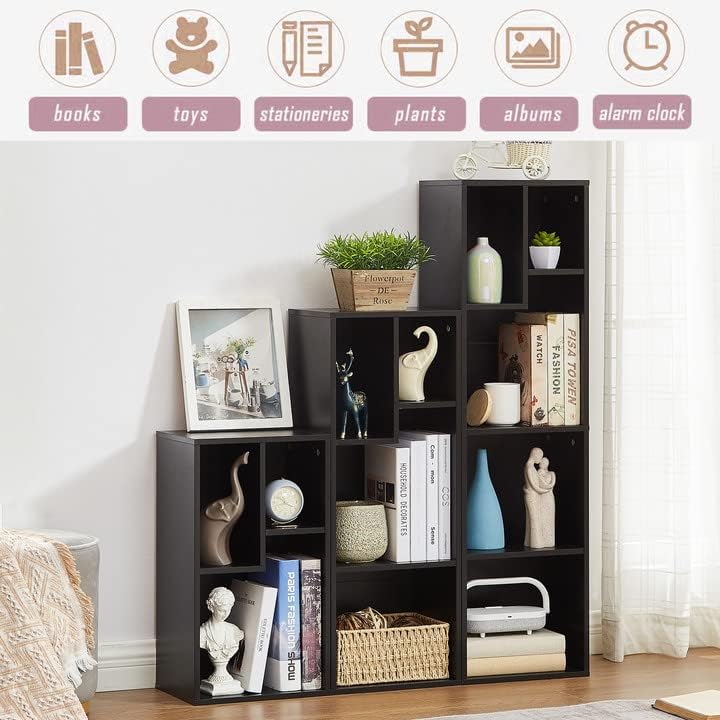 VECELO Small Black Bookshelf, Freestanding 3 Open Cubby Storage Cabinet with Uneven Compartments, Thickened Board, Fits 