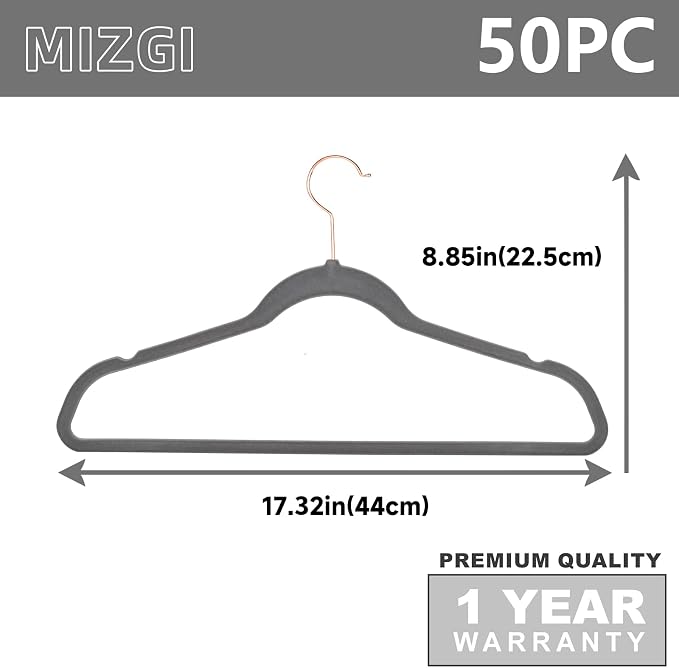 MIZGI Premium Velvet Hangers (50 Pack) Heavy Duty Non Slip Felt Hangers Gray,Rose Gold 360 Degree Swivel Hooks,Space Saving Clothes Hangers,Durable Strong Hangers for Suits,Coats,Pants & Dress