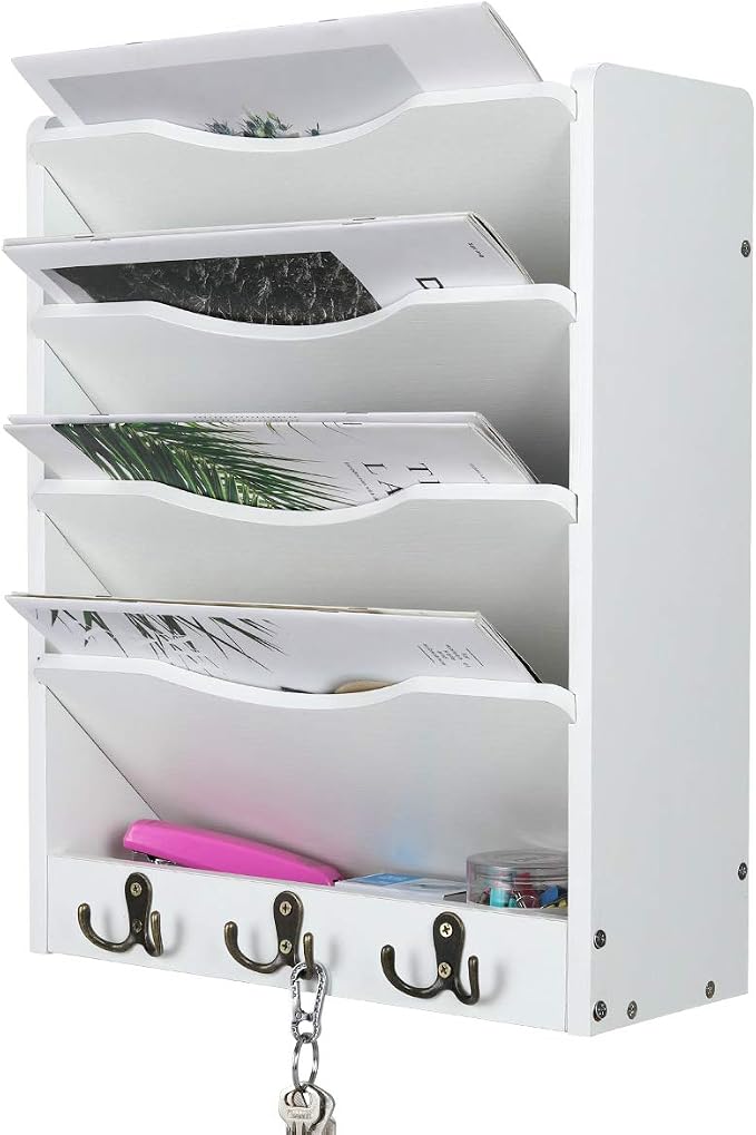 PAG 5-Tier Wall File Holder Hanging Mail Organizer Wood Magazine Literature Rack with 6 Hooks, White