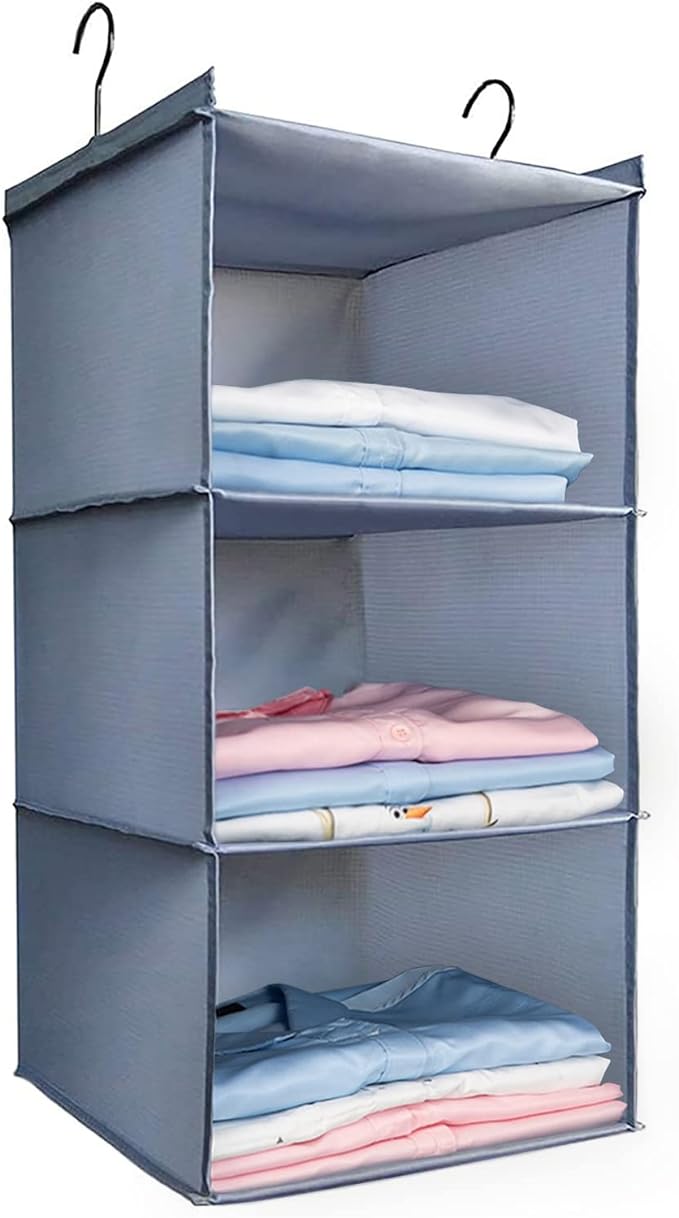 Hanging Closet Organizer 3-Shelf, Oxford Fabric Wardrobe Storage, Gray | Easy-mount foldable design holds clothes, handbags, shoes & accessories; washable Oxford fabric, sturdy and space-saving.