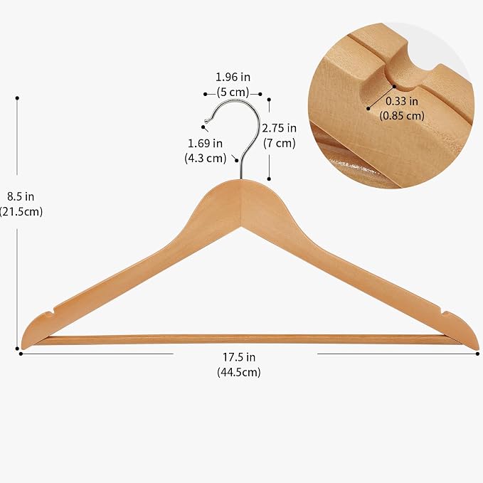 ABHENG 20 Pack Wooden Coat Hangers, 360° Swivel Hook, Suit Hangers with Anti-Slip Notches, Clothes Hangers for Jackets, Shirts, Dress, Natural UAWY0520N