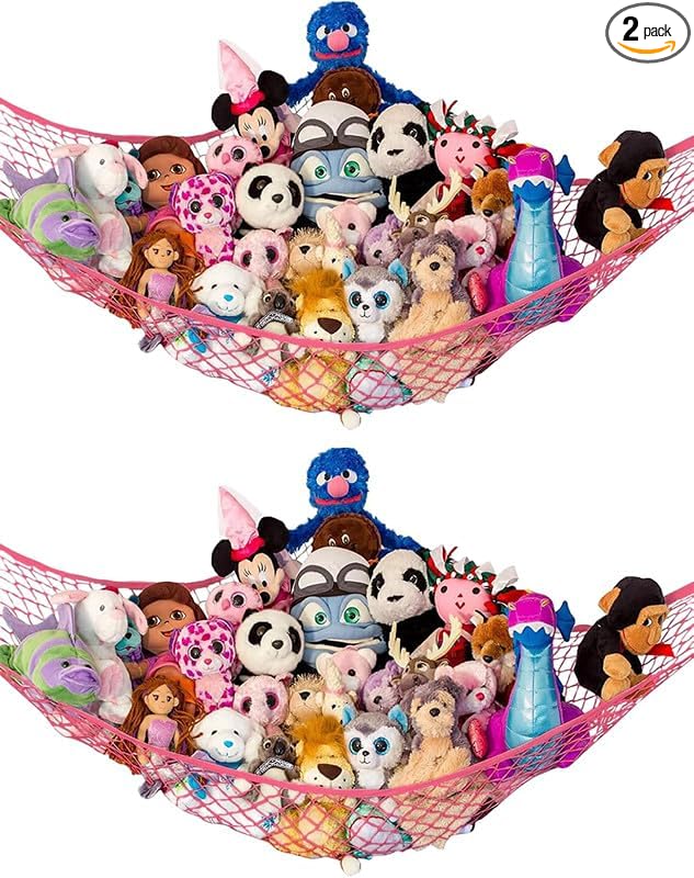 Stuffed Animal Hammock XL 2 Pack | Corner Stuffed Animal Storage & Plushie Net | Extra Large Toy Hammock for Stuffed Animals | Easy Hang, Hardware Included | Coral Bedroom Decor | by Lilly's Love