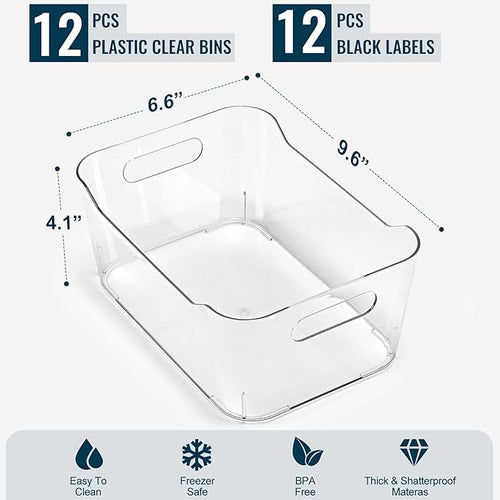 12 PACK Multiuse Clear Plastic Storage Bins for Organizing w/ Labels - Home, Kitchen, Bathroom, Office, Pantry Cabinet Shelf Organizer Bins - SOHO Collection, RV, Fridge Organization Containers