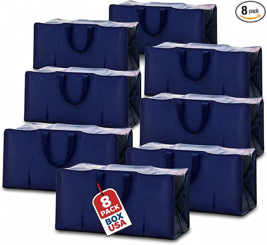 BOX USA 8-Pack Moving Bags with Strong Handles & Zippers - Heavy Duty Extra Large Packing Bags for Storage, Moving Boxes, Dorm & College Supplies, Blue