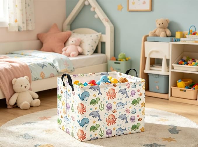 Rectangular Baby Kids Storage Basket for Home Kitchen Girls Cute Toy Storage Bin Organizer Shelf Book Room Decor(Cute Ocean)