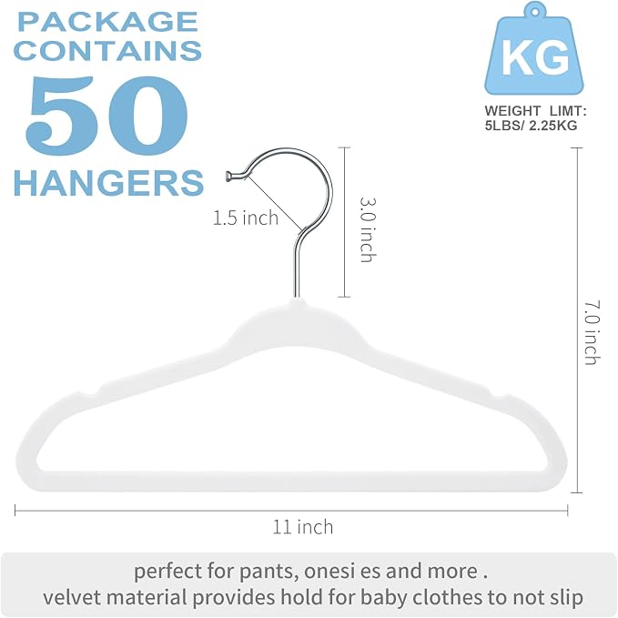 White Velvet Kids Hangers 50 Pack - 11" Ultra Thin Non-Slip Clothes Hangers for Baby/Toddler/Daycare | 360° Rotating Hooks, Space-Saving Nursery Organization