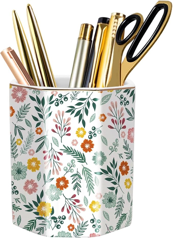 Large Capacity Colored Pen Holder for Desk, Ceramic Pencil Cup Cute Makeup Brush Holder, Desktop Supplies and Accessories, Pen Pencil Caddy for Office Home, Green Floral Pattern