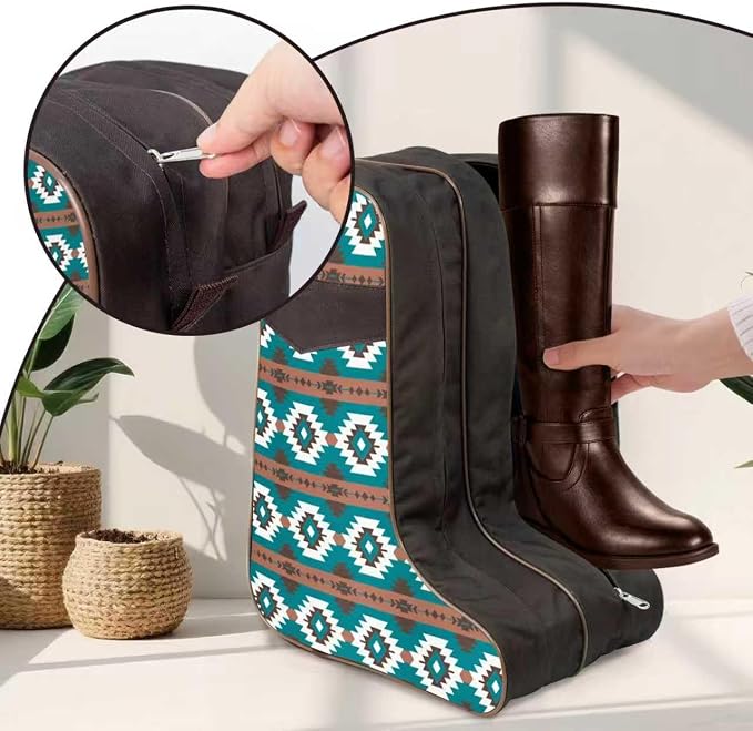 Cowgirl Boot Bag with Southwestern Aztec Pattern, Fits Boots Up to 17 Inches, Dual-Zipper Storage for Cowboy Boots, Ideal for Rodeo, Equestrian, and Travel