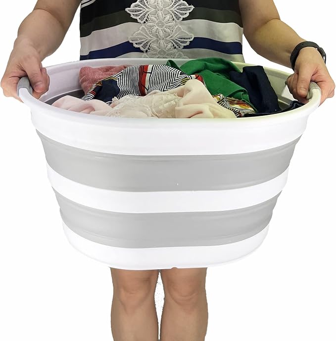 SAMMART Collapsible Plastic Oval Laundry Basket 23L (6 Gallons) -Foldable Storage Container/Organizer - Portable Washing Tub - Space Saving Hamper for Laundry, Camping & Home (White/Grey)