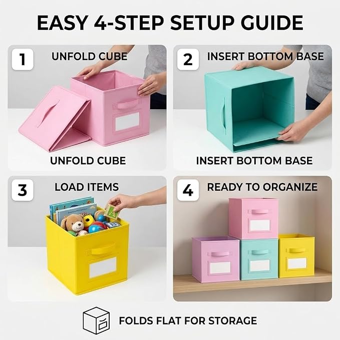 Lourome 11 Inch Cube Storage Bin with Label Window,8 Pack 8-Color Collapsible Storage Bins for Closet Organizers and Storage, Fabric Foldable Storage Cubes for Kids Room & Shelves