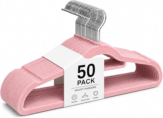 1ABOVE Premium Quality 50 Pack Non-Slip Velvet Hangers (44cm) Heavy Duty Velvet Suit Hangers with Tie Bar, 360° Swivel Hooks – Space Saving, Sturdy to Hold Jacket, Jumper & Pullover(Set of 50-Pink)