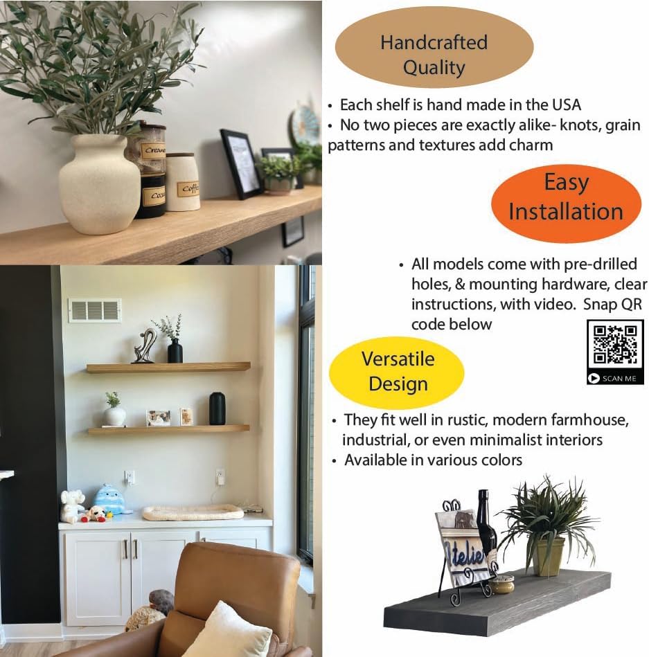 joelsantiques 42 inch Wooden Floating Shelves for Wall - 42x6x2 in, High End Solid Natural Wood, Heavy Duty Bracket, Wal