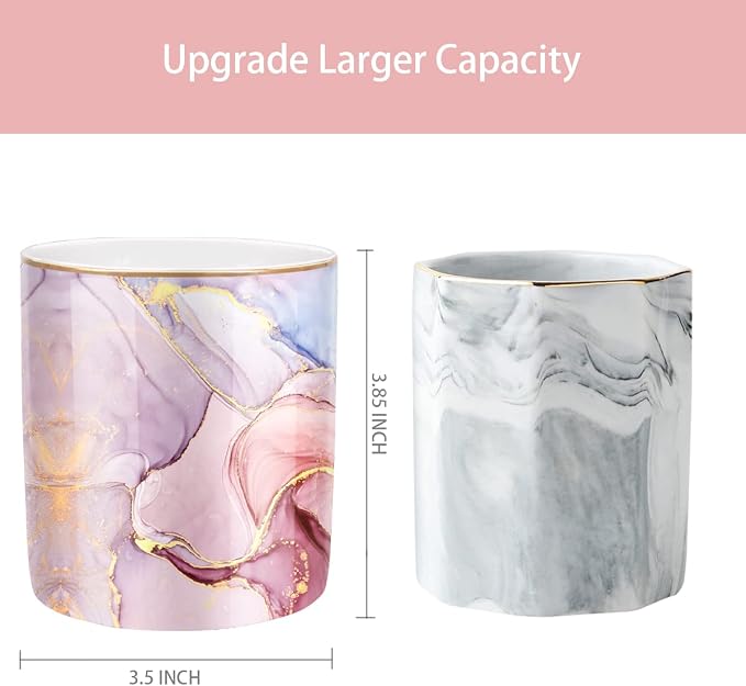 Pink Pen Holder for Desk, Premium Ceramic Pencil Holder Pen Cup Marker Holder Makeup Brush Holders, Desk Accessories & Workspace Organizers for Home, Office,Colorful Marble