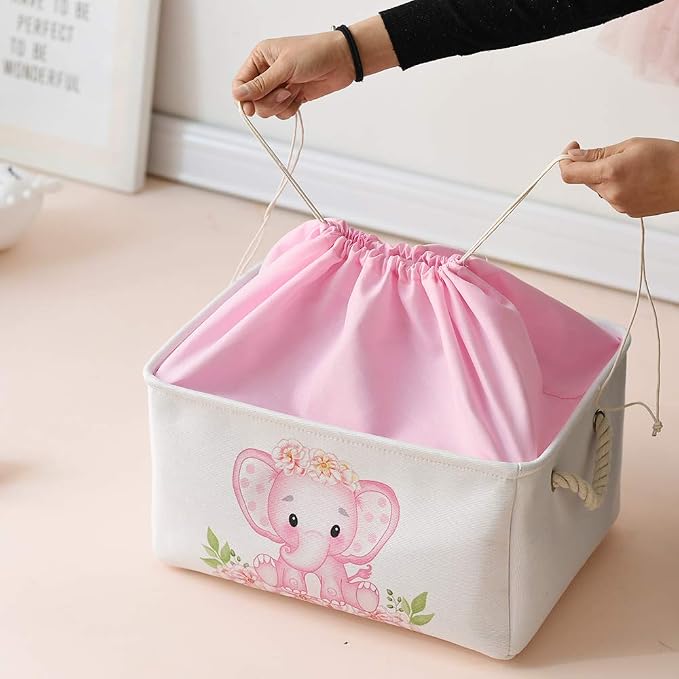 Large Nursery Elephant Baby Basket for Shower Gift - Pink Girl Gift Bag, Collapsible and Empty - Decor for Kidsroom, Nursery, Play Room (Large)