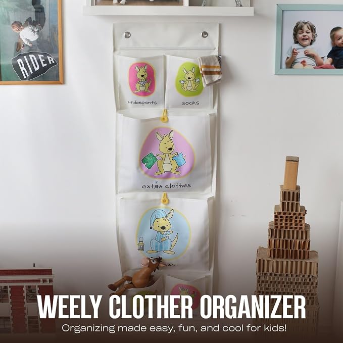 Cool-Stuff Kids Hanging Clothes Organizer – Over The Door Storage for Pajamas, Toys, Socks – Wall Mount Closet Organizer for Toddler, Preschool, Kindergarten – Water-Resistant, Beige, 44x14.5