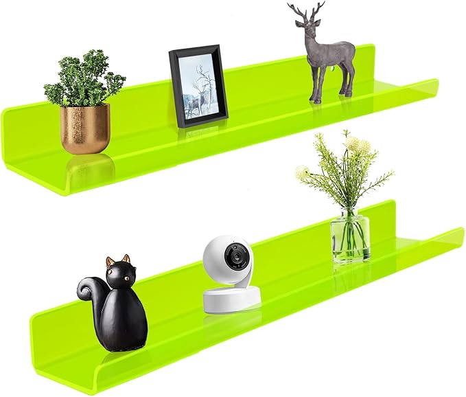 ROYALITA 2-Pack Acrylic Shelves Wall Mounted, 24 Inch Floating Shelves | for Small Items Plants Organize Wall Shelves for Gaming Room, Bedroom, Living Room, Office, Green