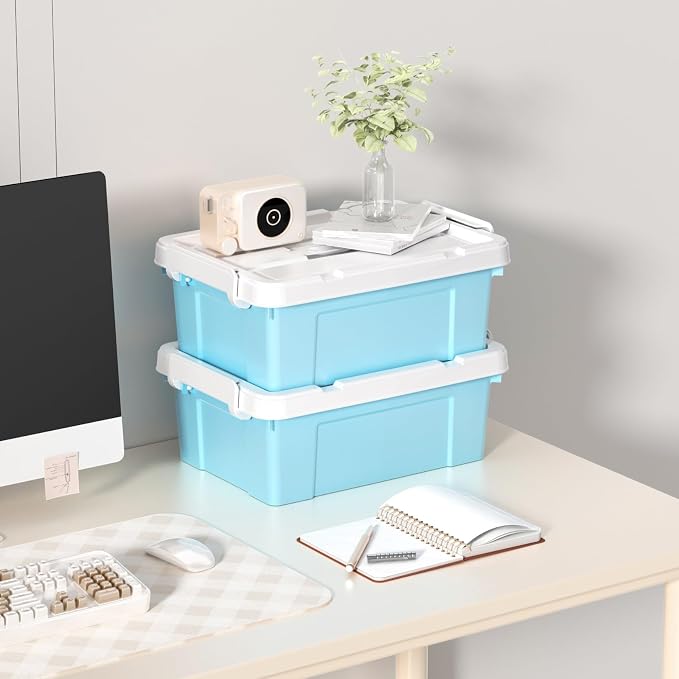Cetomo Lidded Storage Bin with Handle, Tote Organizing Container with Durable Lid and Secure Latching Buckles, Stackable and Nestable, Plastic, 16 Quart-4 Pack, Blue