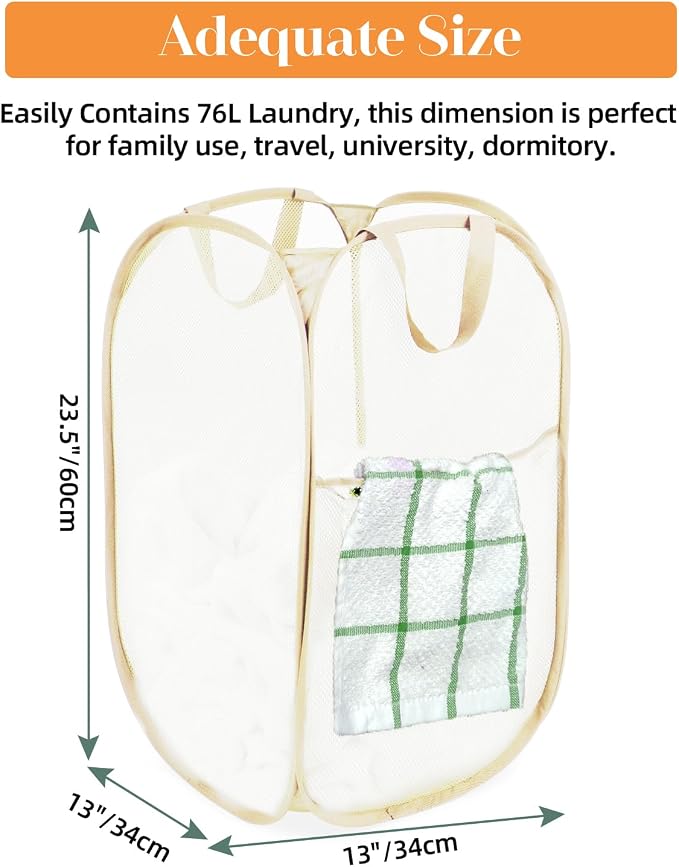 2 Pcs Durable Collapsible Laundry Baskets - Reinforced Mesh Pop Up Laundry Hamper with Pocket, Foldable Dirty Clothes Hamper with Carry Handles for Laundry, Bathroom, Kids Room, Dorm or Travel Beige