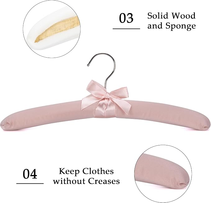 NEOVIVA 15 Inch Anti Slip Satin Padded Clothes Hangers for Women Pink Satin Padded Hangers for Women Clothing, No Shoulder Bump for Adult, Silk Hangers for Sweaters, Dresses, Suits (Pack of 5)