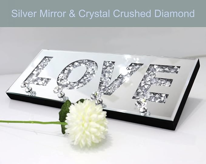 Crushed Diamond Mirrored LOVE Letter Plaque Sign - 15" Silver Mirror Key Holder with 4 Crystal Acrylic Hooks, Wall Mounted Key Hanger for Bedroom, Nursery, Hallway - Glam Art Deco Romantic Wall Decor