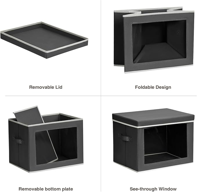 Homsorout Stackable Storage Bins with Lids - Large Storage Box with Lids, Foldable Closet Boxes for Organizing, Wardrobe Clothes Organizer with Window, Cubes Bins for Living Room, 3 Pack, Dark Grey