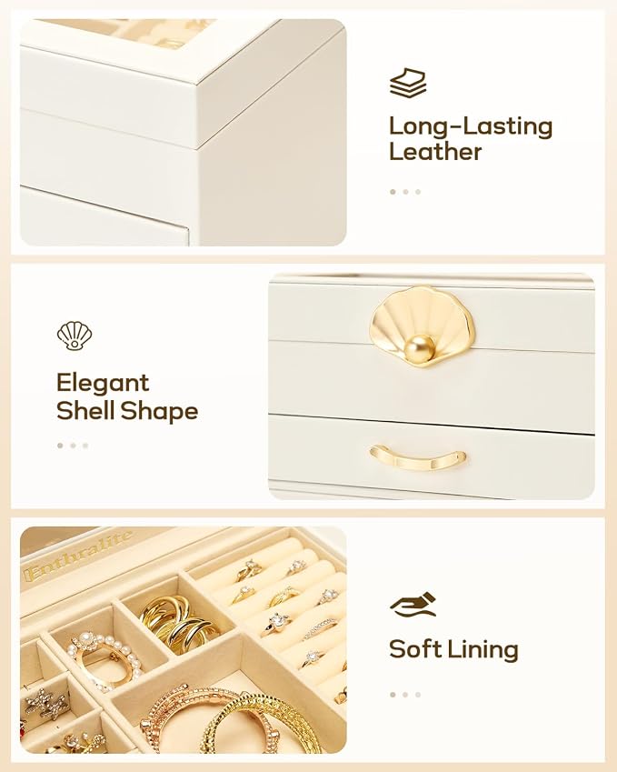Enthralite Jewelry Box with 2 Drawers: Display Organizer for Earrings Necklaces - Gift for Girls Women (White) | Space-Saving Design for Elegant Vanity Order - Storage for Ring Earring Necklace Bracelet - Suits Women Who Value Style