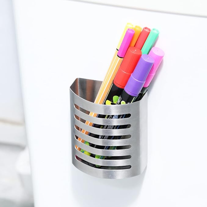 2 Pack Magnetic Modern Pen and Pencil Holder, Metal Writing Utensil Storage Organizer for Kitchen, Locker, Home, or Office, 3.25" x 1.75" x 3.50", Brushed Stainless Steel | Metal Writing Utensil Storage Organizer for Kitchen, Locker, Home, or Office, B...