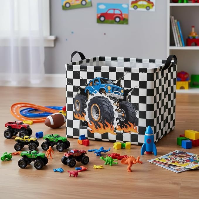 Rectangular Baby Kids Storage Basket for Home Kitchen Girls Cute Toy Storage Bin Organizer Shelf Book Room Decor(Checkered Truck)