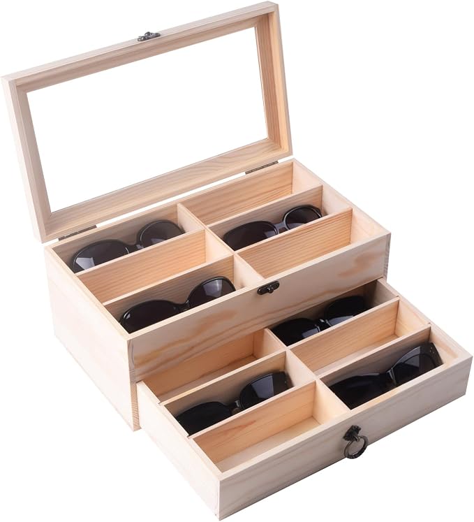 AUTOARK Pine Wood 12 Piece Eyeglass Storage Display Case Organizer,AW-171 | Sunglass Glasses Display,Drawer Lockable,DIY Colors