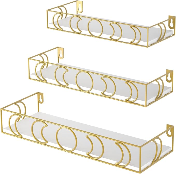 PHAREGE Moon Phase Floating Shelves White Gold Set of 3 | Small Decorative Wall Shelves for Book Plant Storage, Crystal Figurine Collectibles Display Shelf for Bedroom Kid Room