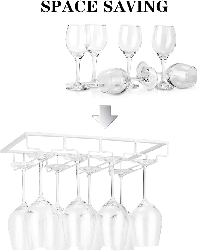 FOMANSH Wine Glass Rack - Under Cabinet Stemware Wine Glass Holder Glasses Storage Hanger 2 Pack Metal Organizer for Bar Kitchen 4 Rows White