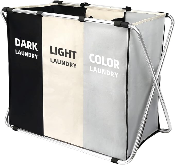 135L Laundry Cloth Hamper Sorter Basket Bin Foldable 3 Sections with Aluminum Frame 26''×24''H Washing Storage Dirty Clothes Bag for Bathroom Bedroom Home Storage Basket (Black+light grey+dark grey, 3