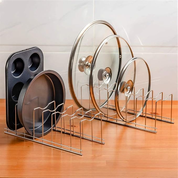 SANNO Pot Lid Holder Organizer, Rack Holder Rest Storage, for Pot Lids, Plates, Cutting Boards, Bakeware, Cooling Rack, Serving Trays, Total 8 Compartments, Stainless Steel