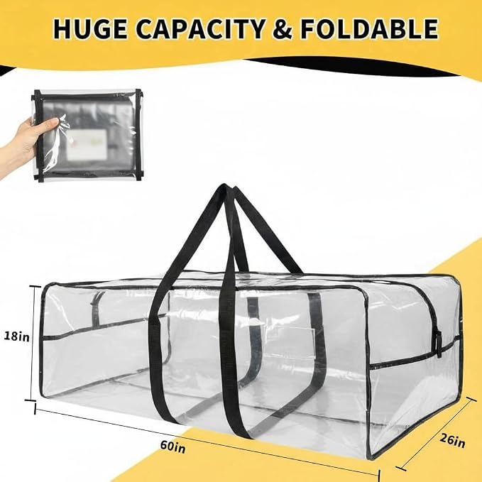 Heavy Duty Extra Large Moving Bags,121 Gallon Jumbo Packing Bags,Huge Moving Storage Bags with Strong Zippers & Carrying Handles,Reusable Big Moving Storage Bags for College Dorm Travel 2Pack,Clear