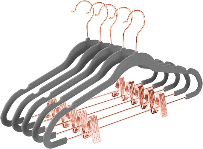 MIZGI Premium Velvet Pants Hangers with Clips (Pack of 20) Slim Skirt Hangers- Non Slip Felt Outfit Dress Hangers Gray - Copper/Rose Gold Hooks,Space Saving Shirt Clothes Hangers