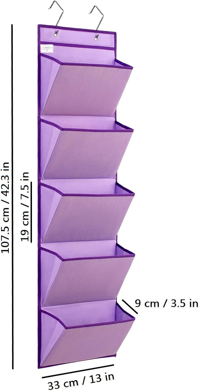 Wall Mounted Hanging Mail Organizer Back to School Paper Organizer File Holder for Classroom Office Organization (5 POCKETS-PURPLE)
