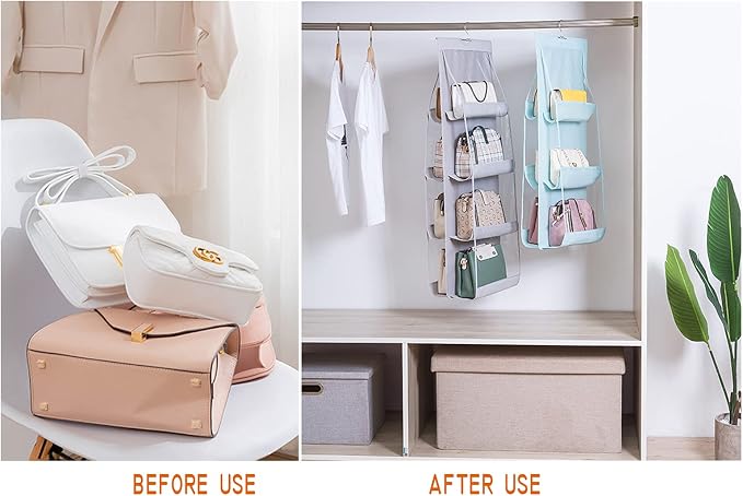 MURRI&MURRDI 2 Packs Hanging Handbag Organizer for Closet, Purse Storage Holder with 8 Easy Access Clear PVC Pockets, Womens Purse Hanger Bag for Wardrobe Door Wall Space Saving, Gray