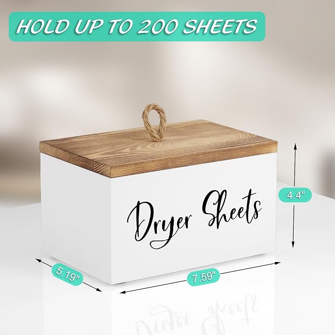 Bivvclaz Dryer Sheet Holder, Wooden Laundry Sheets Container, Laundry Room Organization and Storage for Farmhouse Laundry Room Decor and Accessories, Fabric Sheet Holder, White