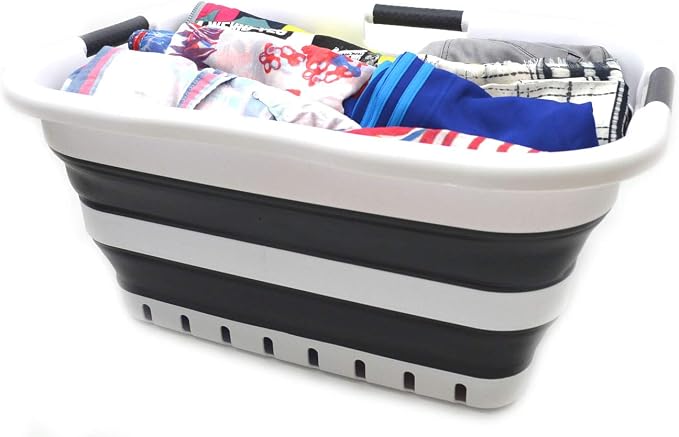 SAMMART 41L (10.8 gallon) Collapsible 3 Handled Plastic Laundry Basket - Foldable Pop Up Storage Container/Organizer - Portable Washing Tub - Space Saving Hamper/Basket (3 handled rectangular, Black)