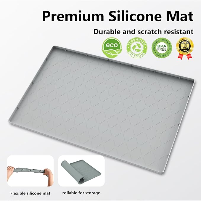 Mateeylife Under Sink Mats for Kitchen Waterproof 22"X19", Undersink Protectors，Silicone Mat Cabinet Liner, Under Sink Organizer for Bathroom and Kitchen，Boot Tray Pet Food Mat, Light Grey