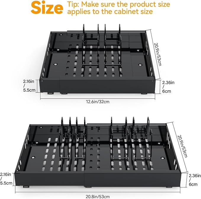2 Pack Expandable Pull Out Cabinet Organizer Adhesive, 21" Deep Slide Out Drawers for Kitchen Cabinets,With 8pcs Divider Racks For Kitchen Pantry Organization Adjustable Width 12.6"-20.9"