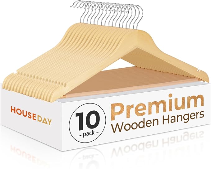 HOUSE DAY Premium Wooden Hangers 10 Pack - Heavy Duty & Durable Coat Hanger | Natural Wood Suit Hangers, 360° Swivel Hook & Pant Bar, Ideal for Jackets, Dresses, Shirts, Perfect for Closet Organization