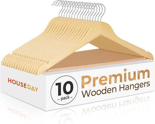 HOUSE DAY Premium Wooden Hangers 10 Pack - Heavy Duty & Durable Coat Hanger | Natural Wood Suit Hangers, 360° Swivel Hook & Pant Bar, Ideal for Jackets, Dresses, Shirts, Perfect for Closet Organization