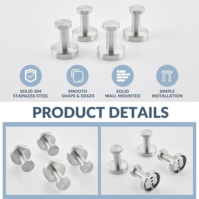 APLusee Brushed Nickel Hand Towel Hook, 4 Pack 304 Stainless Steel Storage Coat Hook, Bathroom Accessories Wall Mounted