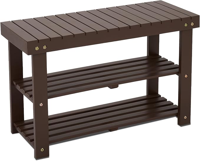 BEEFURNI Wooden Shoe Rack Bench, 3-Tier Wooden Shoe Organizer for Entryway, Aciaca Bench with Shelf, Solid Wood Shoe Storage Bench for Doorway, Hallway, Bathroom, 300 LBS, 1-Year Warranty, Brown